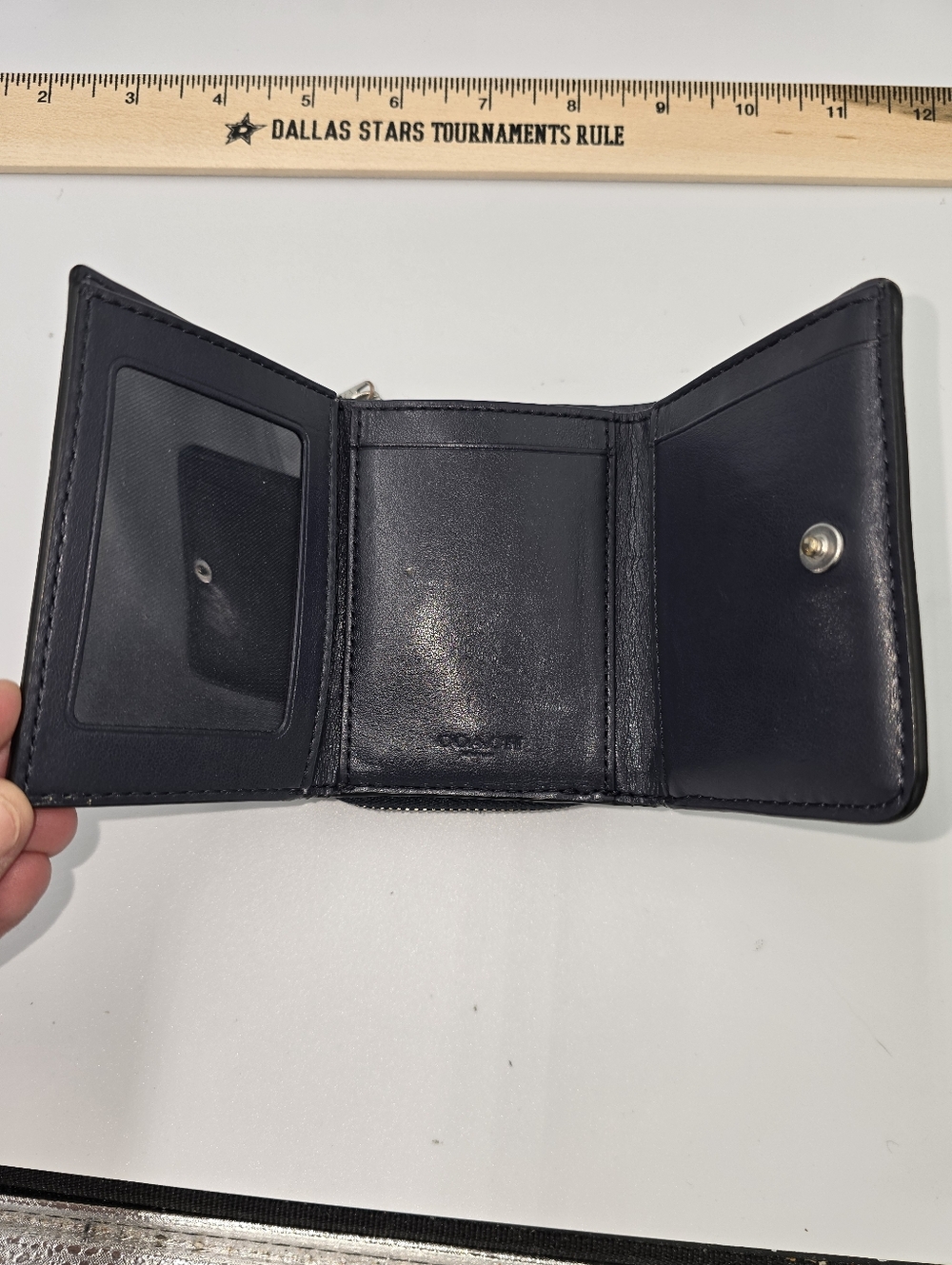 COACH Navy Blue Signature Snowflake Compact Trifold Wallet with Silver Logo - Picture 11 of 15